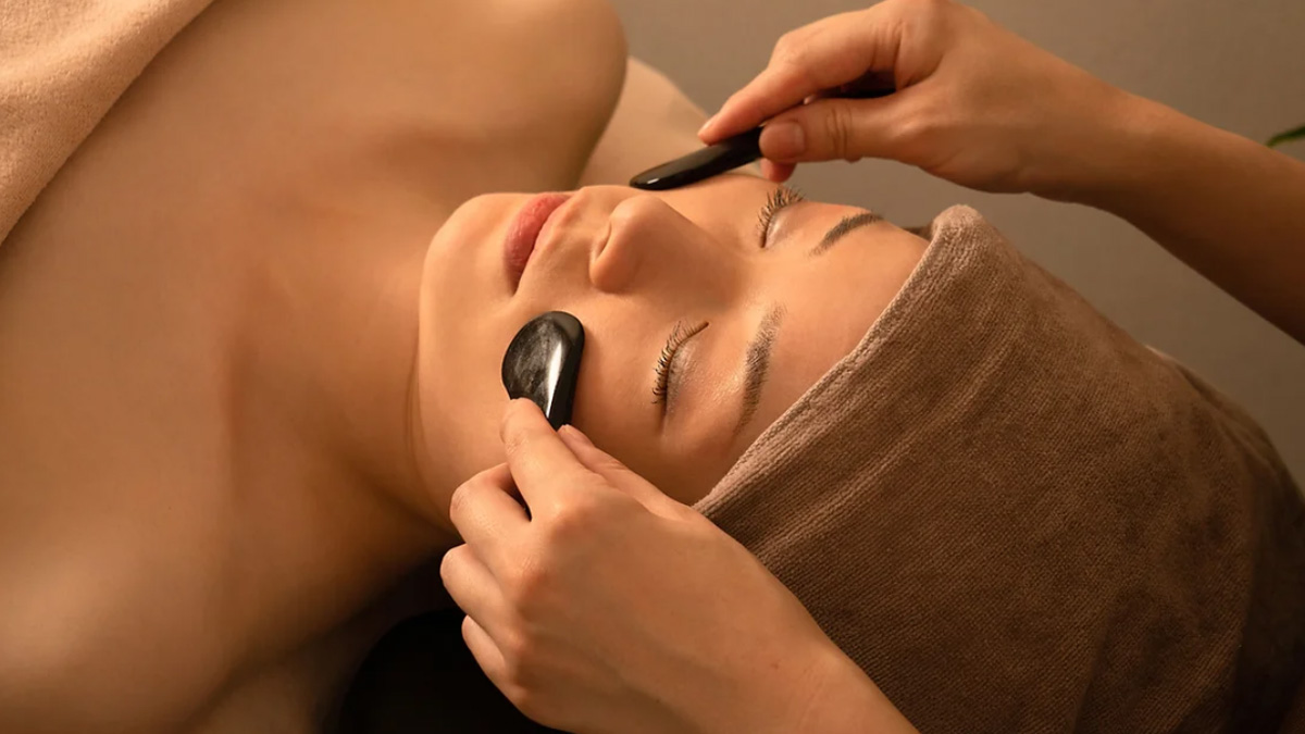 Woman under facial skincare procedure